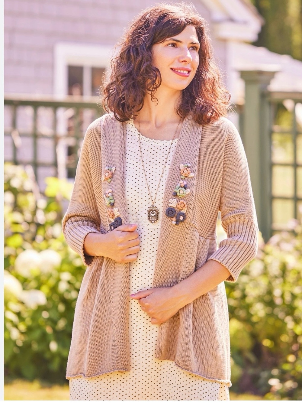 April Cornell Beige Open Short Sleeve Cardigan Floral Crochet